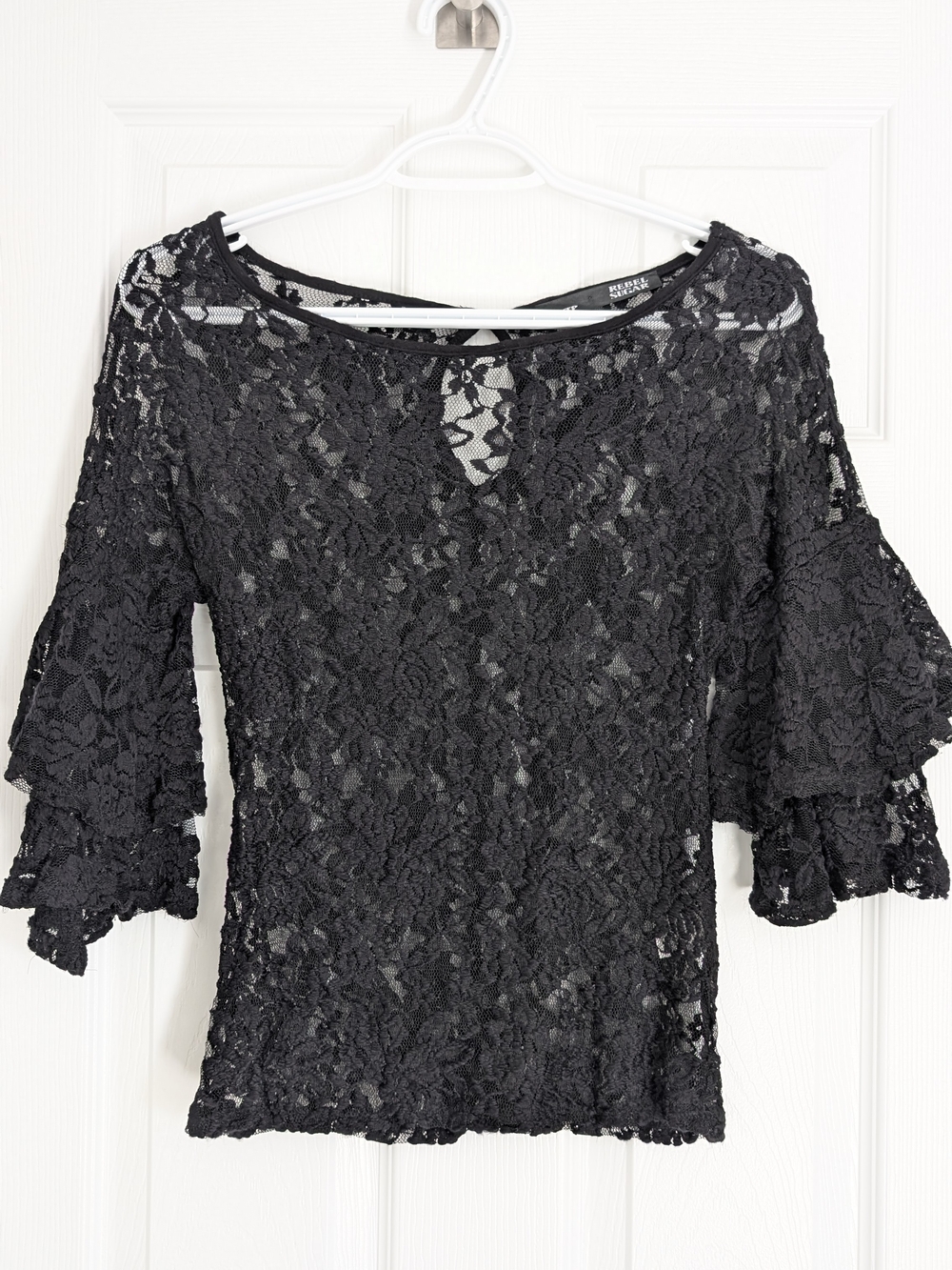 Rebel Sugar Black Floral Lace Bell-Sleeve Top